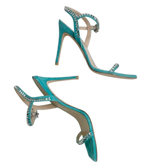 Stuart Weitzman Heels Women’s Size 9 Blue Suede Gemcut Sandals Crystal Strap - Picture 3 of 12